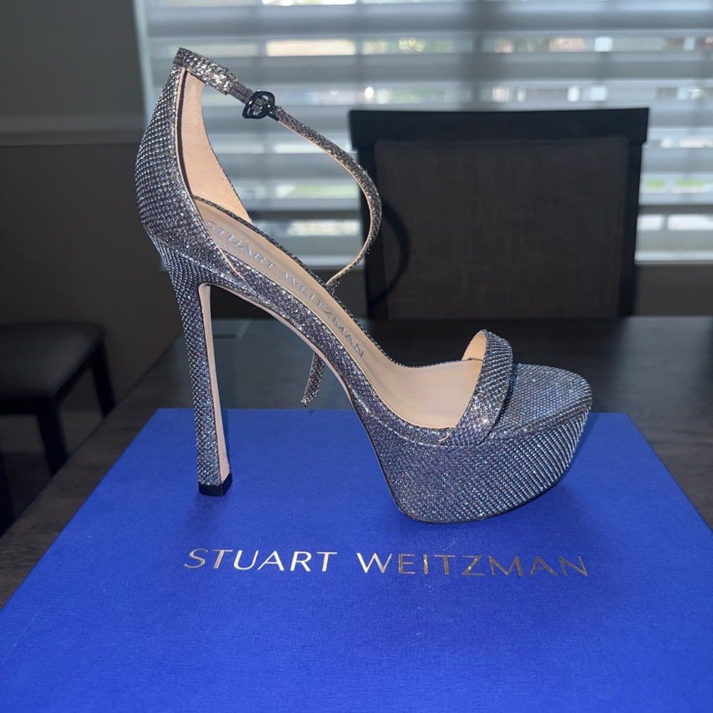 Stuart Weitzman Silver Sparkle Platform Heel with Ankle Strap